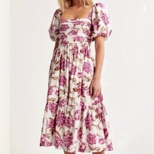 Abercrombie & Fitch Floral Puff Sleeve Midi Dress LT Large Tall Smocked Back